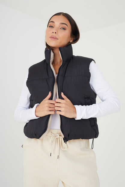 Brave Soul Stone Reversible Cropped Padded Gilet - Stone Image 1