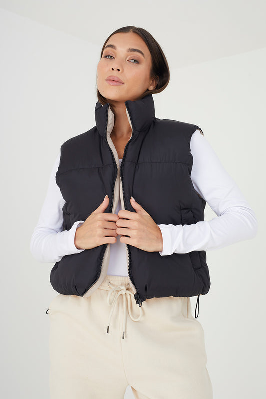 Brave Soul Stone Reversible Cropped Padded Gilet - Stone Image 1