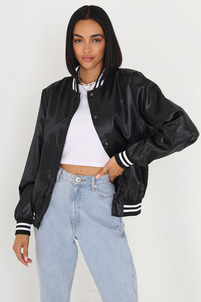 Brave Soul Black Satin Bomber Jacket With Stripe Detail - Black Image 1