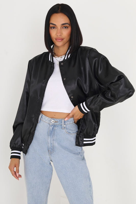 Brave Soul Black Satin Bomber Jacket With Stripe Detail - Black Image 1