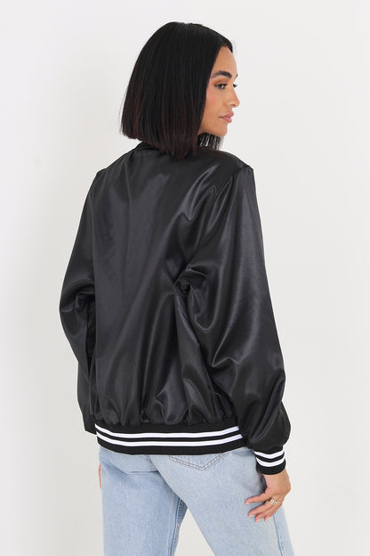 Brave Soul Black Satin Bomber Jacket With Stripe Detail - Black Image 2
