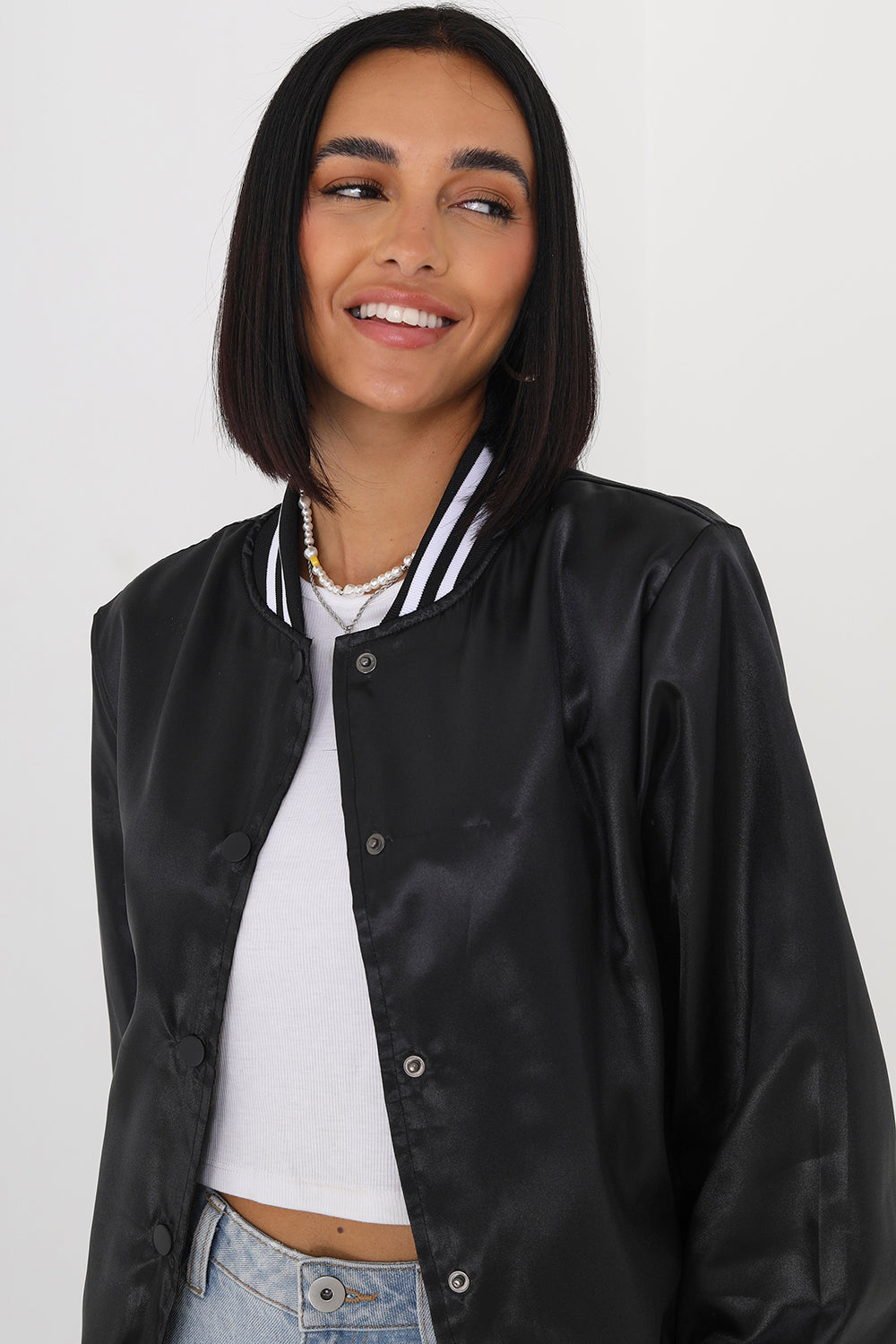 Brave Soul Black Satin Bomber Jacket With Stripe Detail - Black Image 3