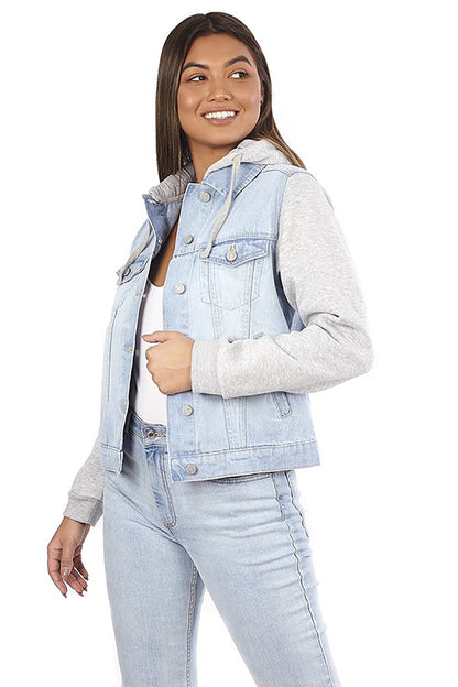 Brave Soul Off White Denim Jacket with Fleece Hood and Sleeves - Off White Image 1