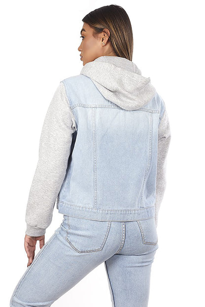 Brave Soul Off White Denim Jacket with Fleece Hood and Sleeves - Off White Image 2