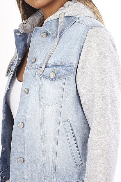 Brave Soul Off White Denim Jacket with Fleece Hood and Sleeves - Off White Image 3