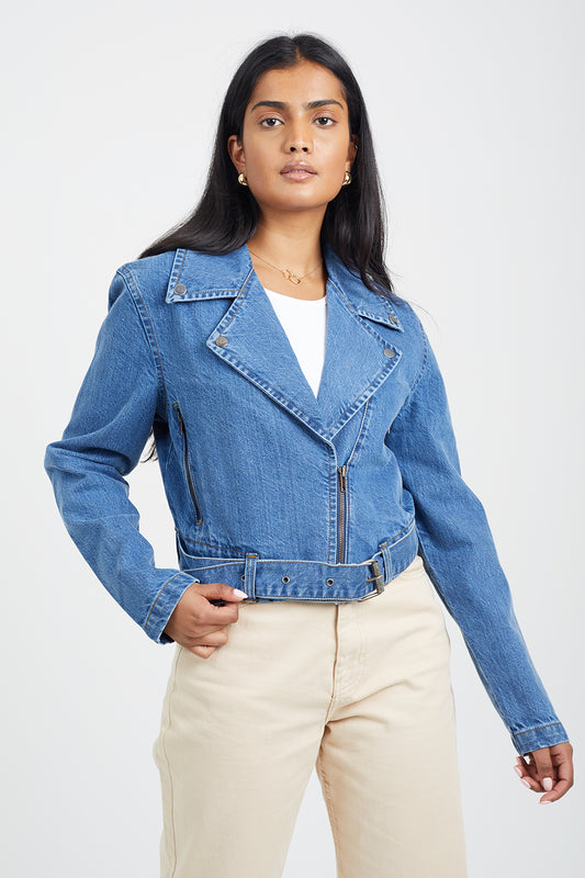 Brave Soul Mid Blue Denim Biker Jacket - Mid Blue Image 1
