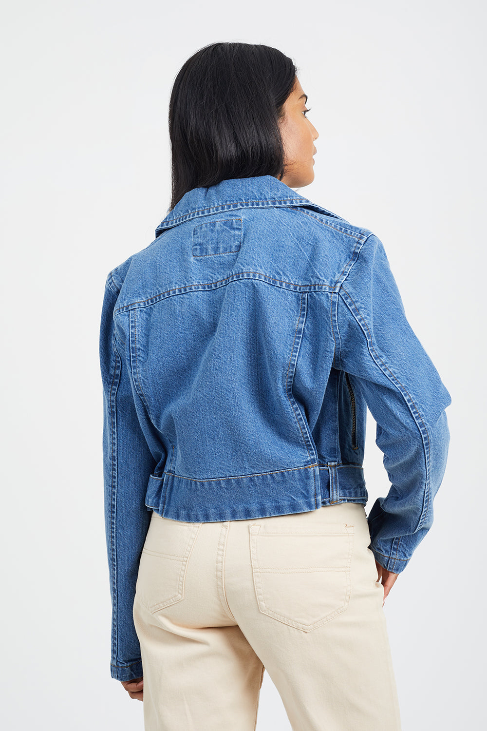 Brave Soul Mid Blue Denim Biker Jacket - Mid Blue Image 2