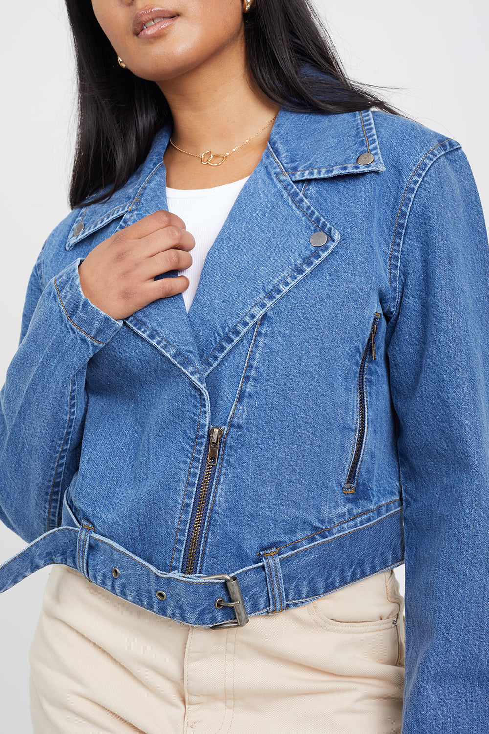 Brave Soul Mid Blue Denim Biker Jacket - Mid Blue Image 4
