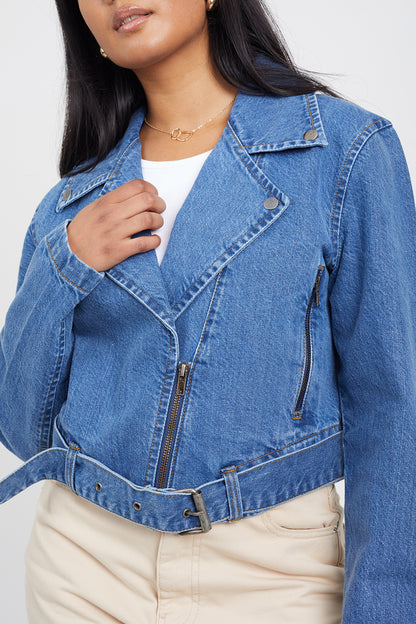 Brave Soul Mid Blue Denim Biker Jacket - Mid Blue Image 4