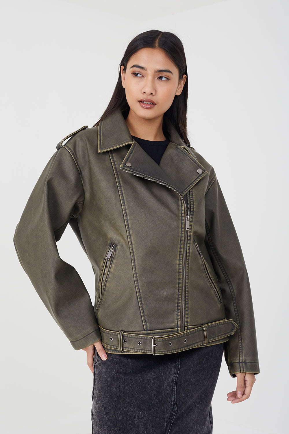 Brave Soul Khaki Vintage PU Oversized Biker Jacket - Khaki Image 1