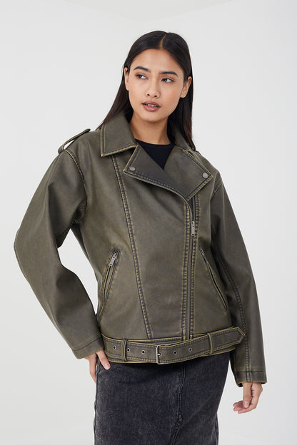 Brave Soul Khaki Vintage PU Oversized Biker Jacket - Khaki Image 1