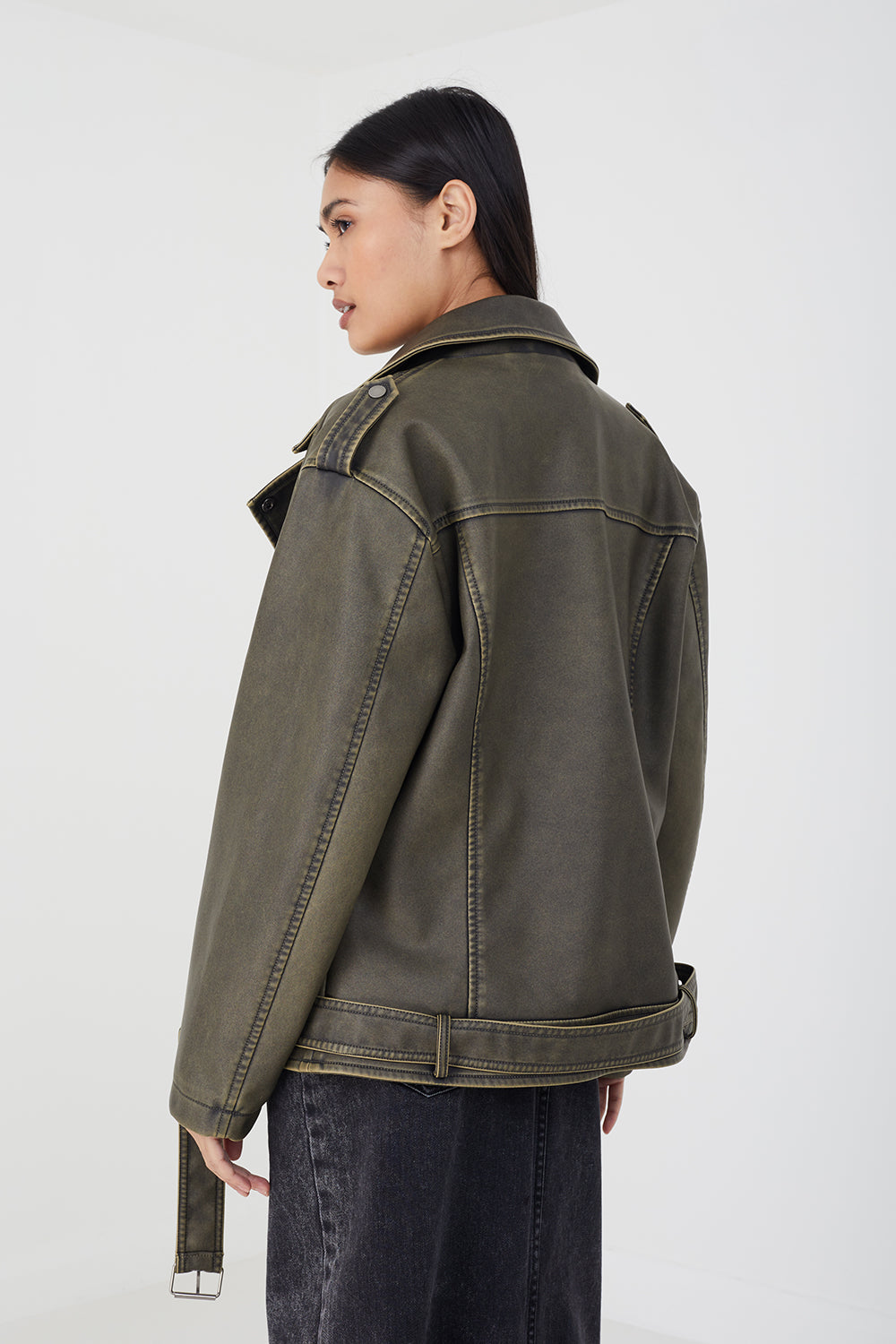 Brave Soul Khaki Vintage PU Oversized Biker Jacket - Khaki Image 2