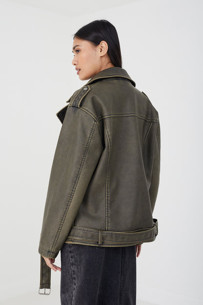 Brave Soul Khaki Vintage PU Oversized Biker Jacket - Khaki Image 2