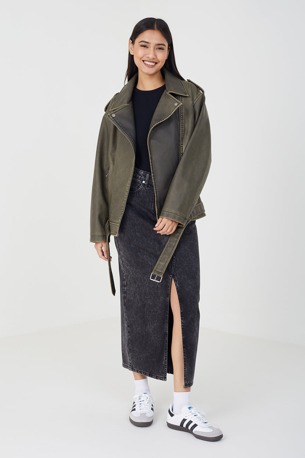 Brave Soul Khaki Vintage PU Oversized Biker Jacket - Khaki Image 3
