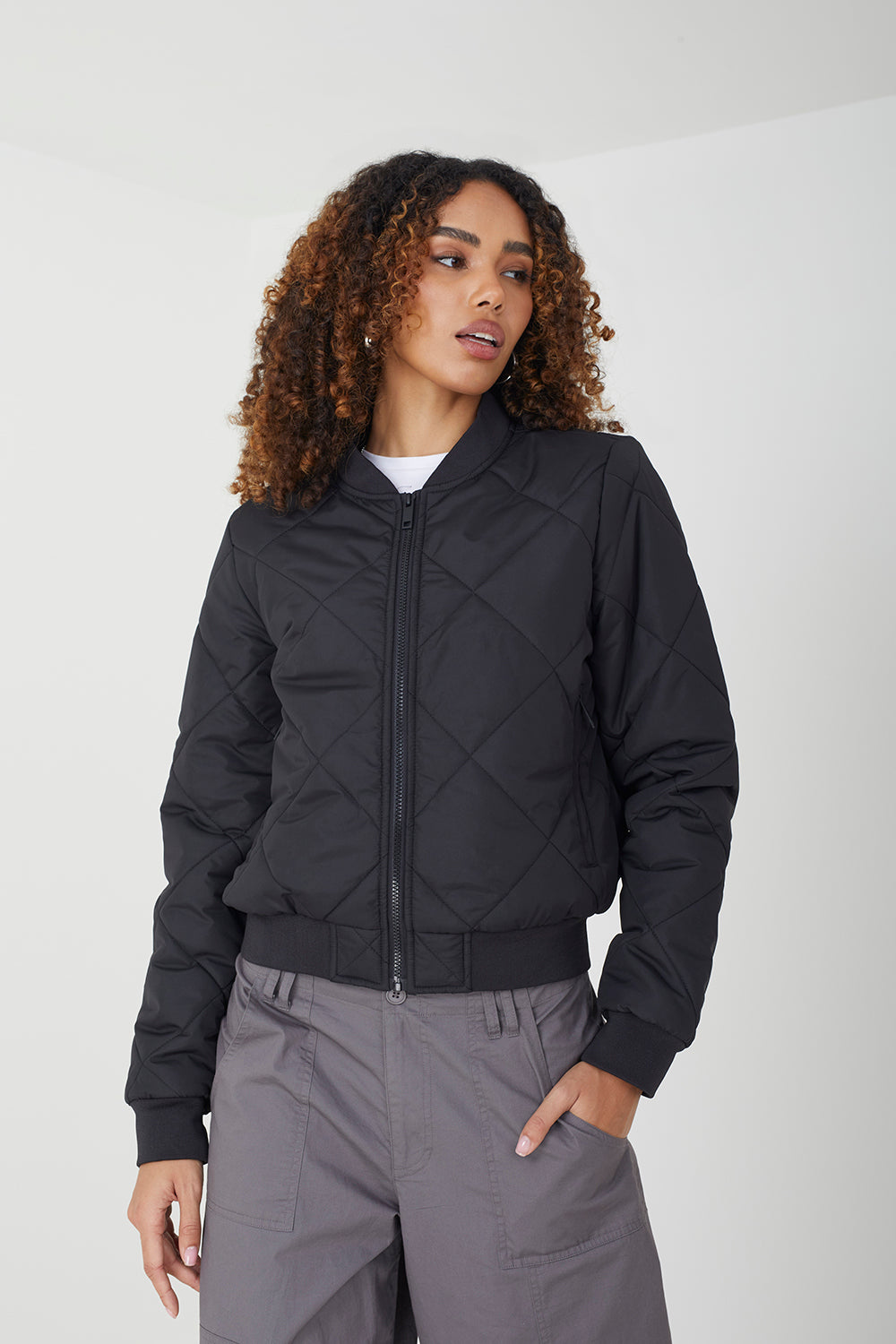 Brave Soul Black Diamond Quilted Bomber Jacket - Black Image 1
