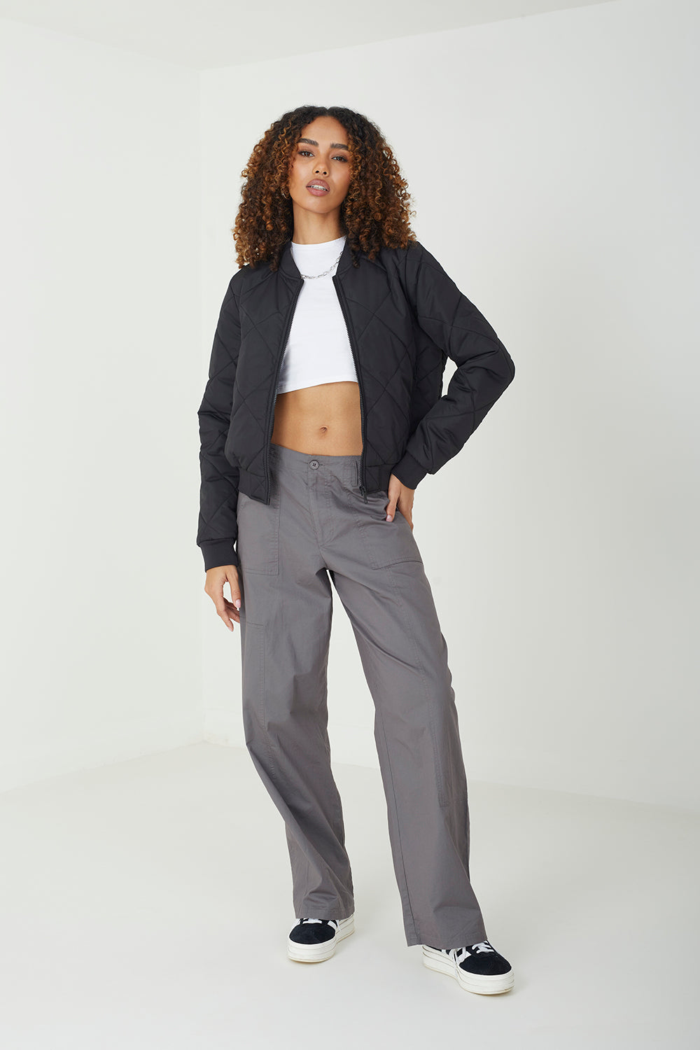 Brave Soul Black Diamond Quilted Bomber Jacket - Black Image 3