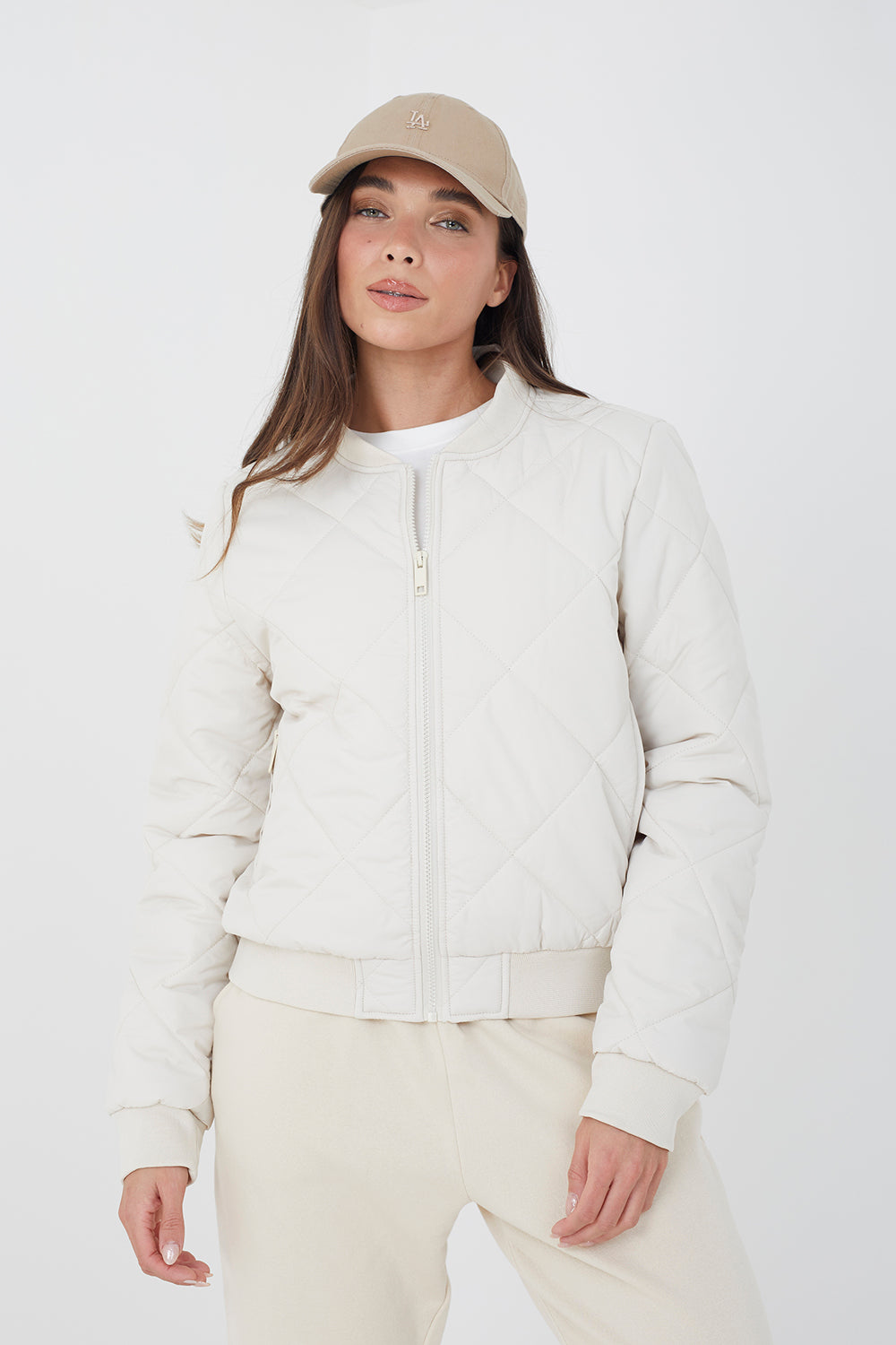 Brave Soul Cream Diamond Quilted Bomber Jacket - Cream Image 1