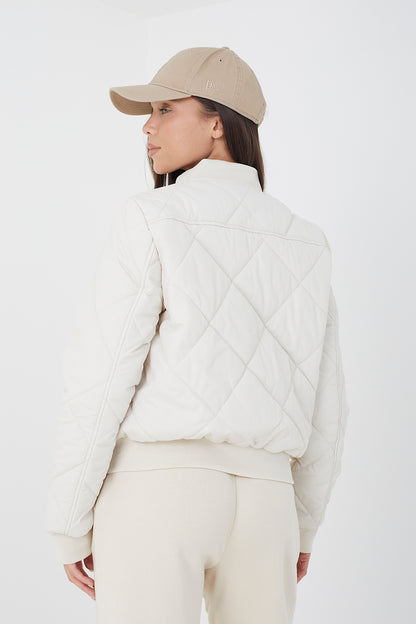 Brave Soul Cream Diamond Quilted Bomber Jacket - Cream Image 2