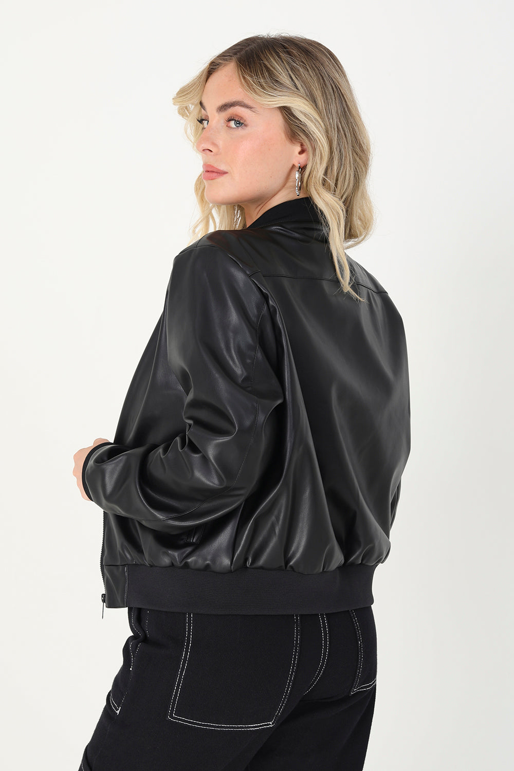 Brave Soul Black PU Faux Leather Bomber Jacket - Black Image 2