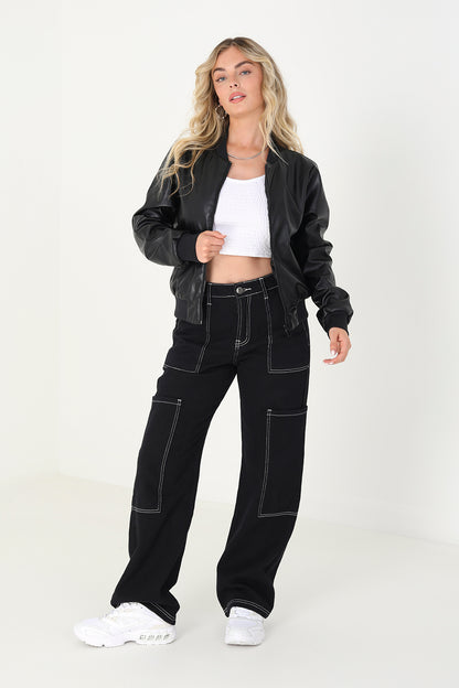 Brave Soul Black PU Faux Leather Bomber Jacket - Black Image 3