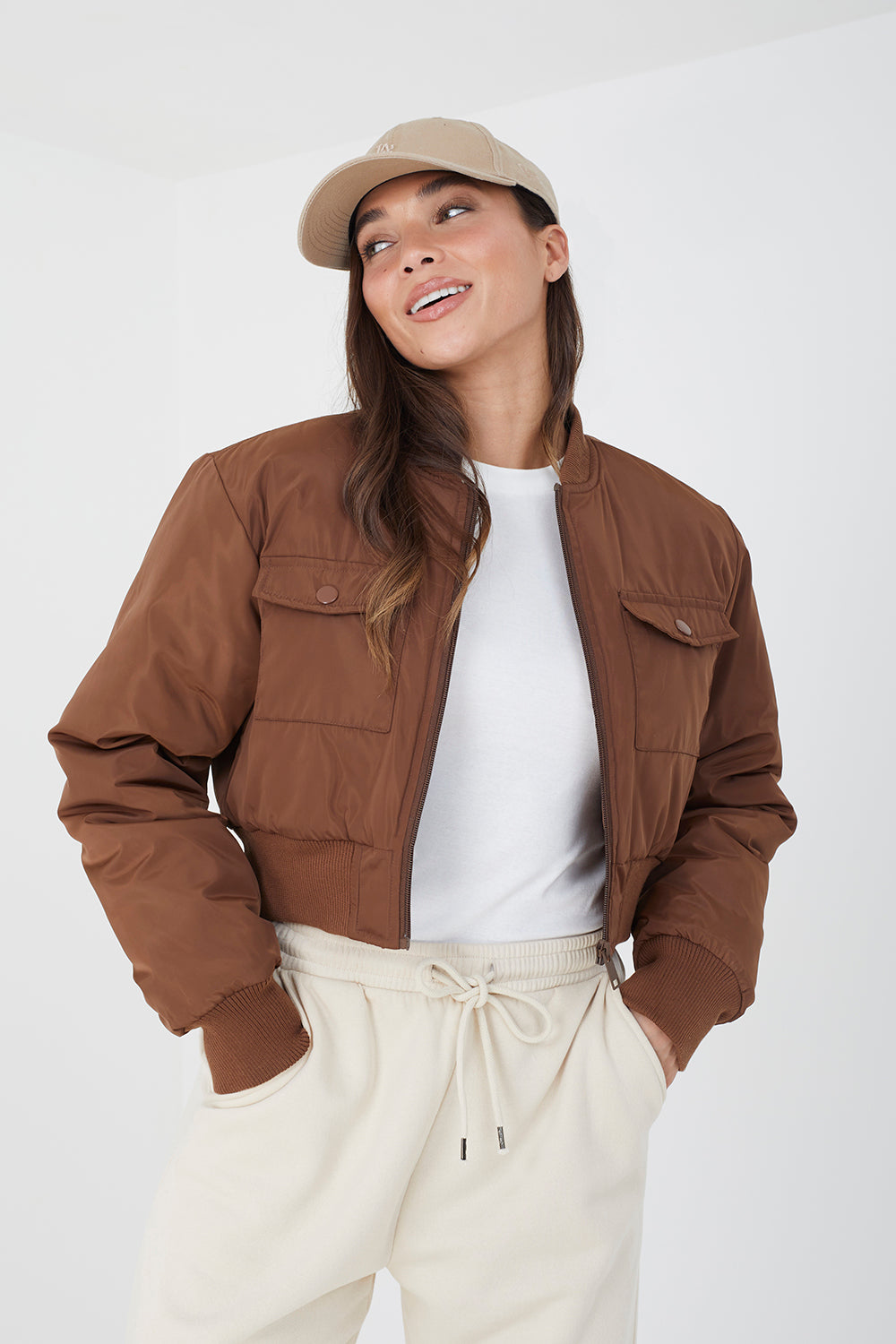 Brave Soul Tan Cropped Bomber Jacket - Tan Image 1