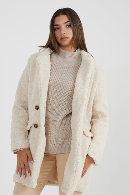 Brave Soul Cream Double Breasted Longline Faux Fur Jacket - Cream Image 1