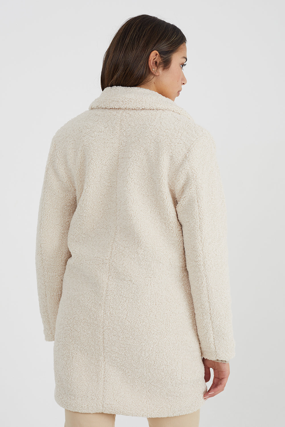 Brave Soul Cream Double Breasted Longline Faux Fur Jacket - Cream Image 2