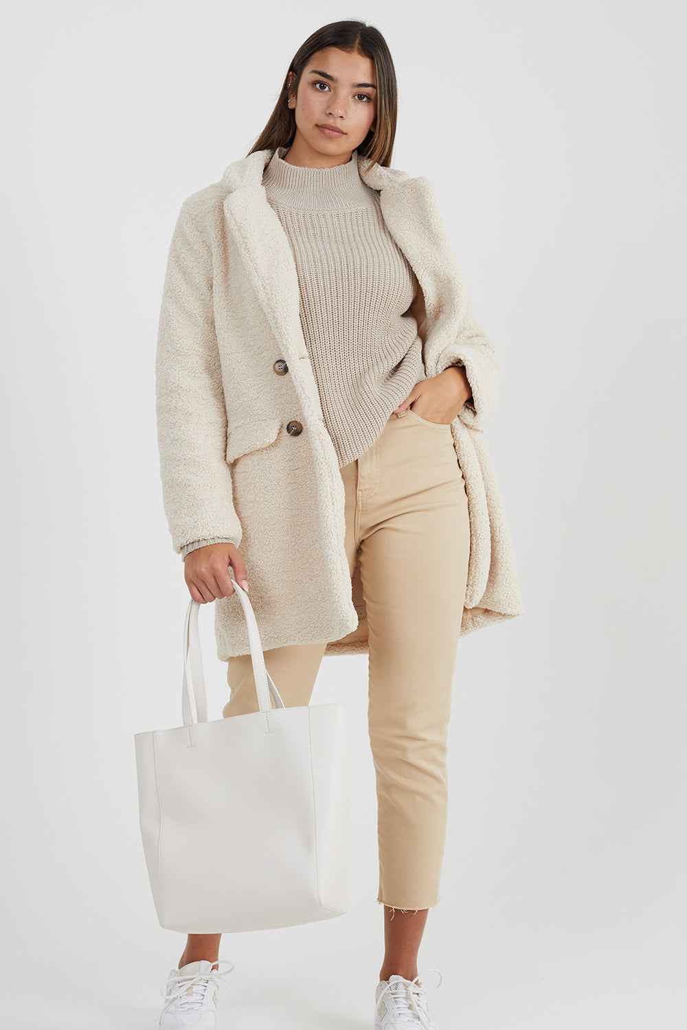 Brave Soul Cream Double Breasted Longline Faux Fur Jacket - Cream Image 3