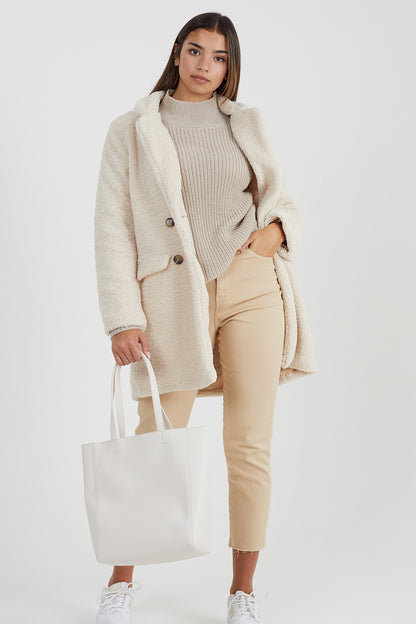 Brave Soul Cream Double Breasted Longline Faux Fur Jacket - Cream Image 3