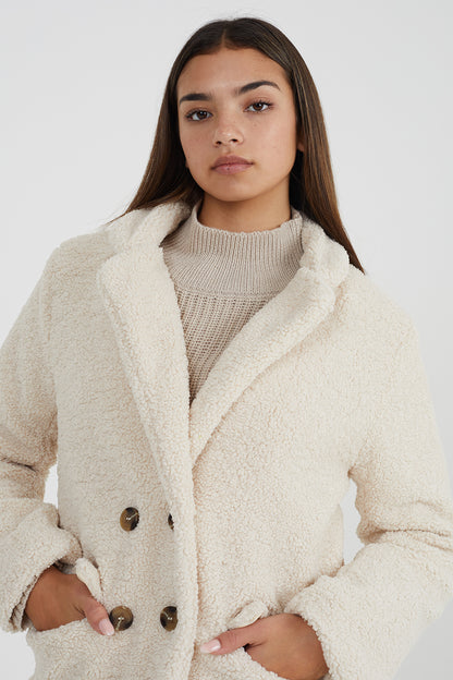 Brave Soul Cream Double Breasted Longline Faux Fur Jacket - Cream Image 4