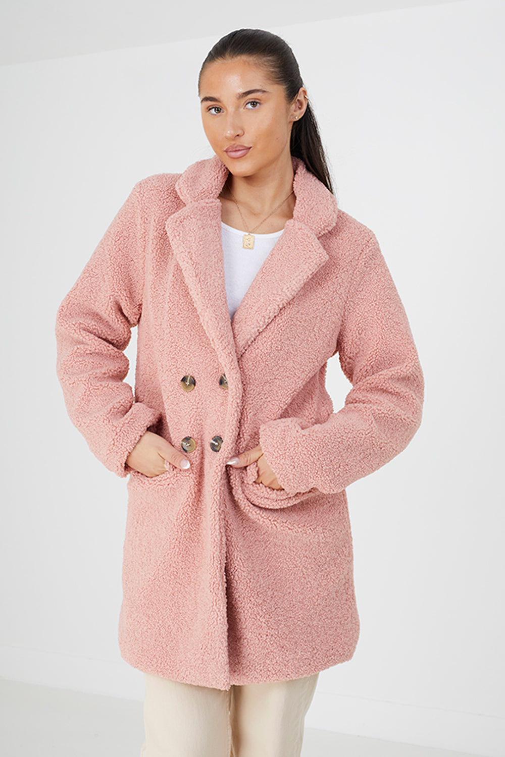 Brave Soul Pink Double Breasted Longline Faux Fur Jacket - Pink Image 1