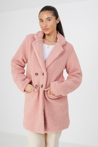 Brave Soul Pink Double Breasted Longline Faux Fur Jacket - Pink Image 1