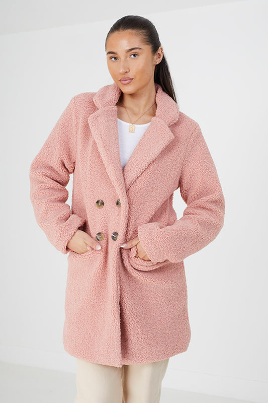 Brave Soul Pink Double Breasted Longline Faux Fur Jacket - Pink Image 1
