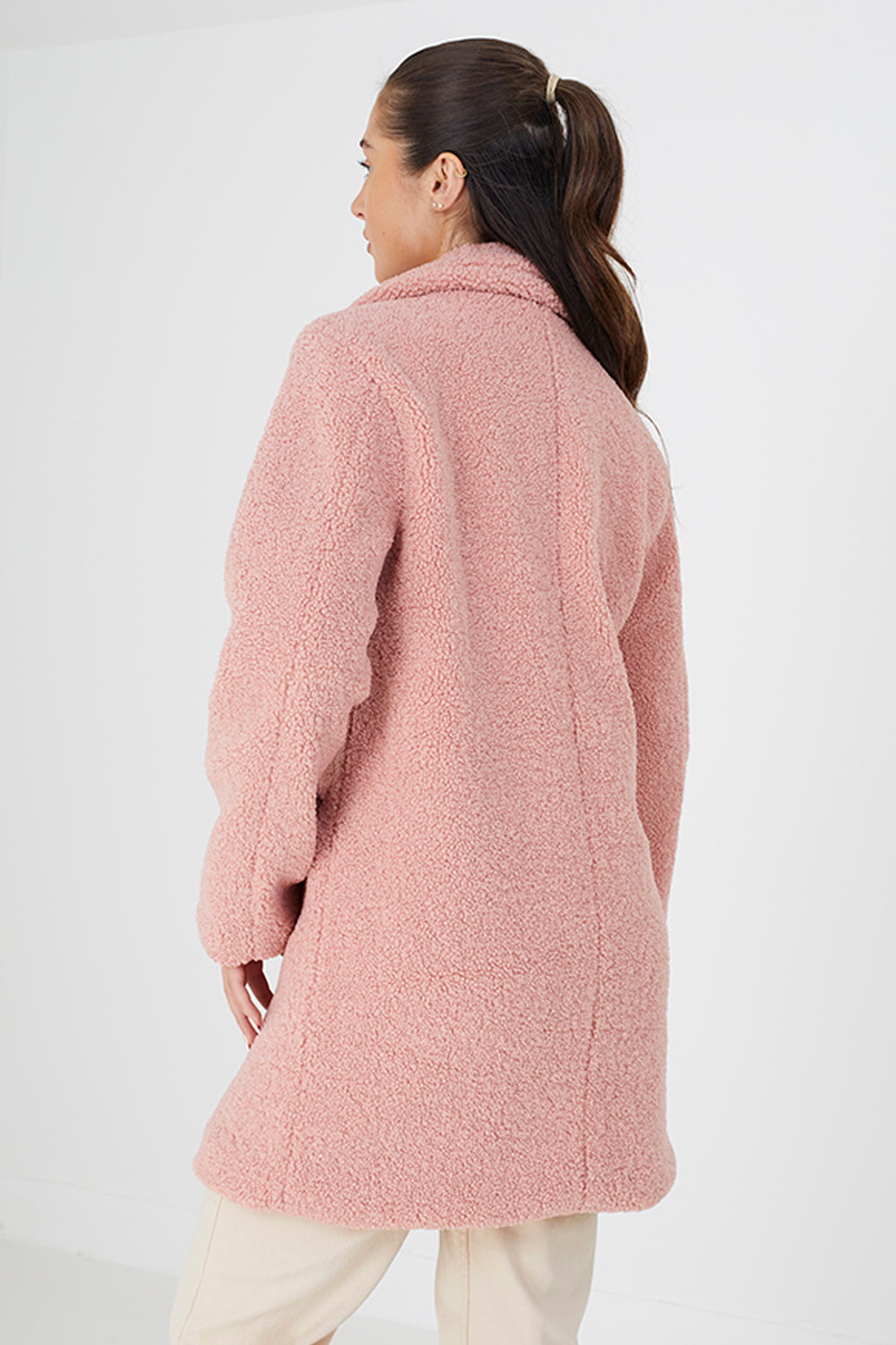 Brave Soul Pink Double Breasted Longline Faux Fur Jacket - Pink Image 2