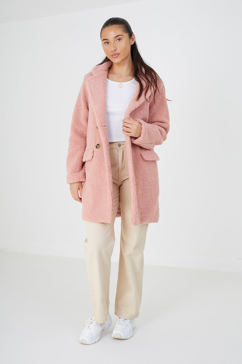 Brave Soul Pink Double Breasted Longline Faux Fur Jacket - Pink Image 3