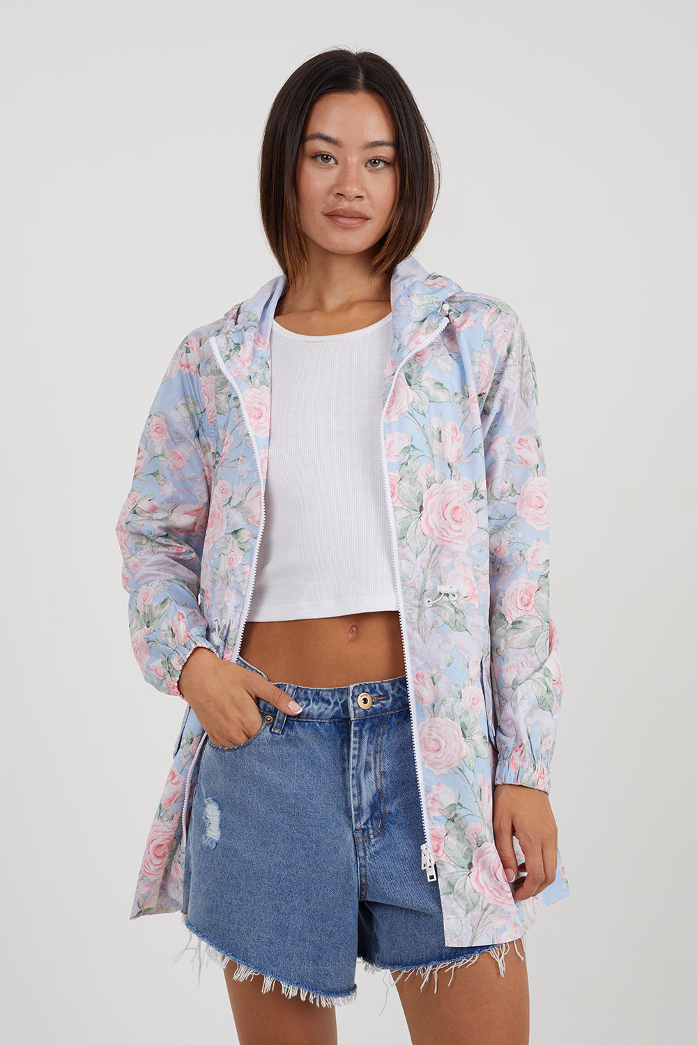 Brave Soul Blue Lightweight Showerproof Hooded Mac - Blue Image 5