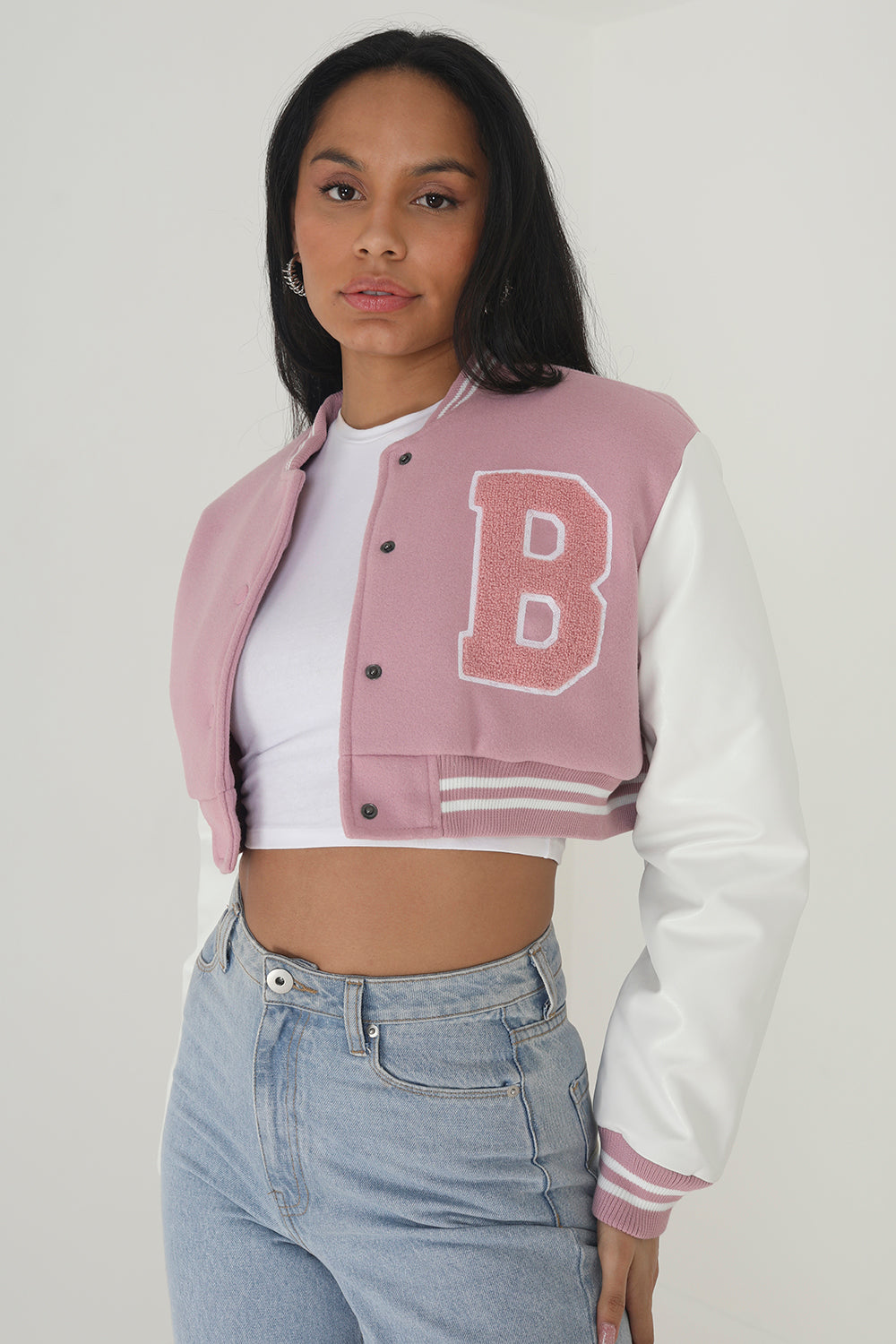 Brave Soul Pink Faux Wool Cropped Varsity Bomber Jacket - Pink Image 1