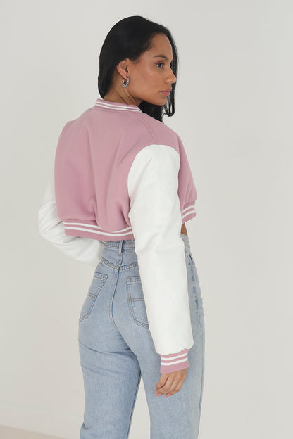 Brave Soul Pink Faux Wool Cropped Varsity Bomber Jacket - Pink Image 2