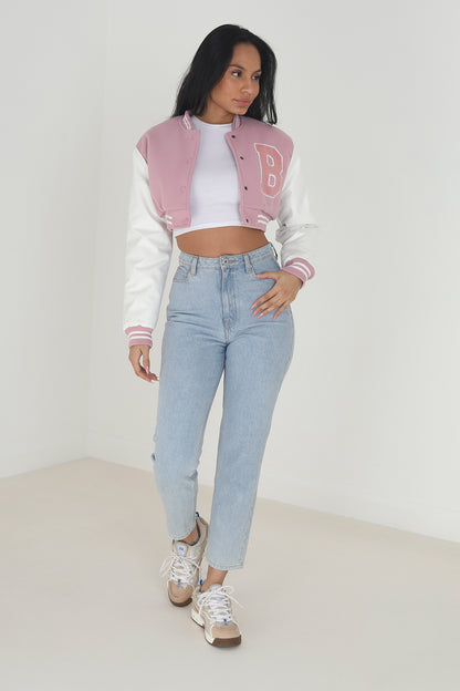 Brave Soul Pink Faux Wool Cropped Varsity Bomber Jacket - Pink Image 3