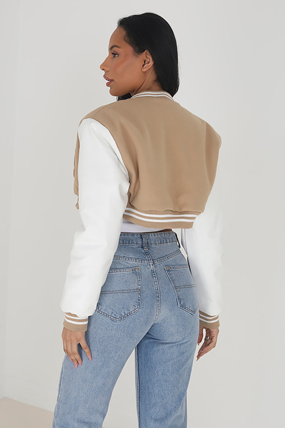 Brave Soul Stone Faux Wool Cropped Varsity Bomber Jacket - Stone Image 2