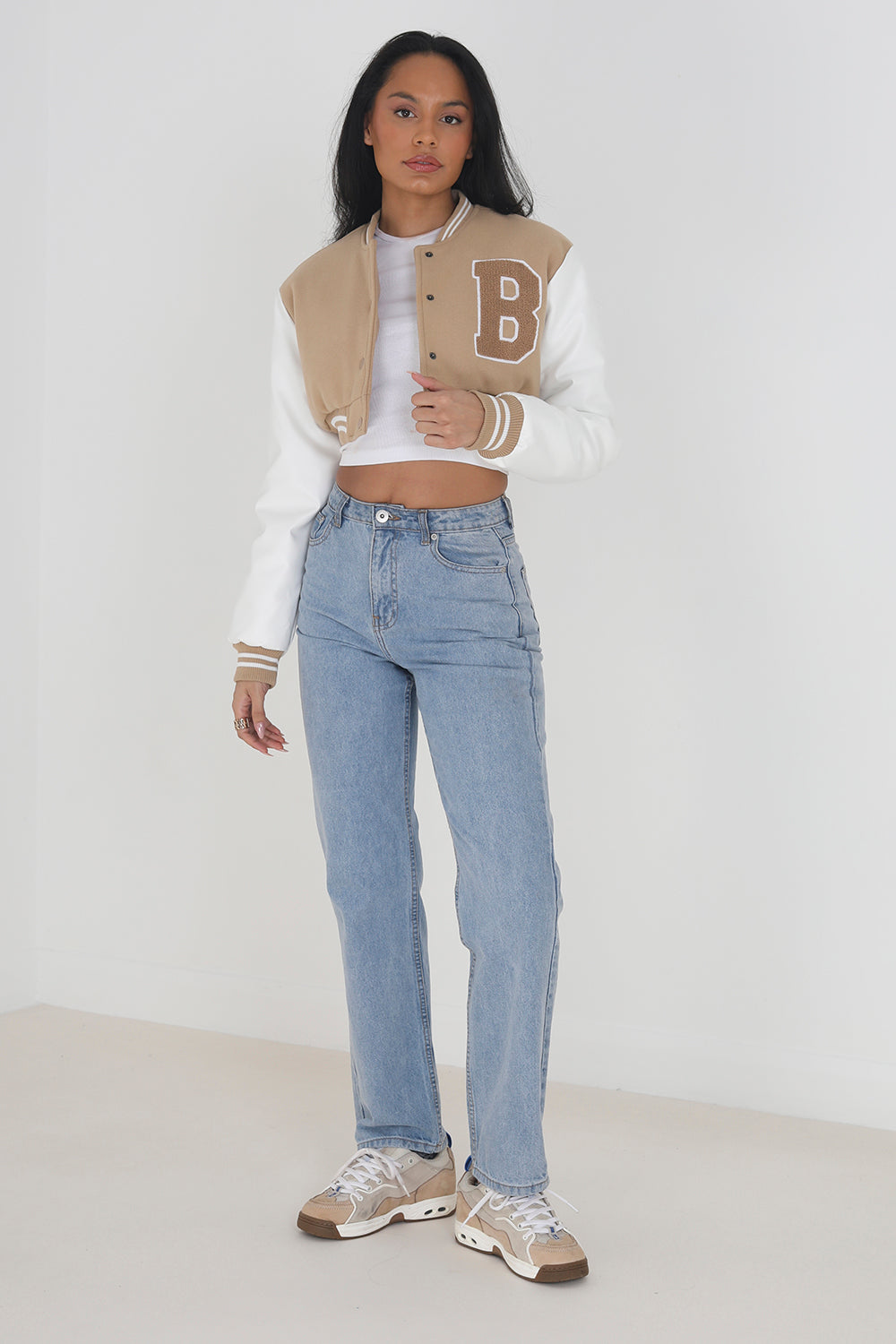 Brave Soul Stone Faux Wool Cropped Varsity Bomber Jacket - Stone Image 3