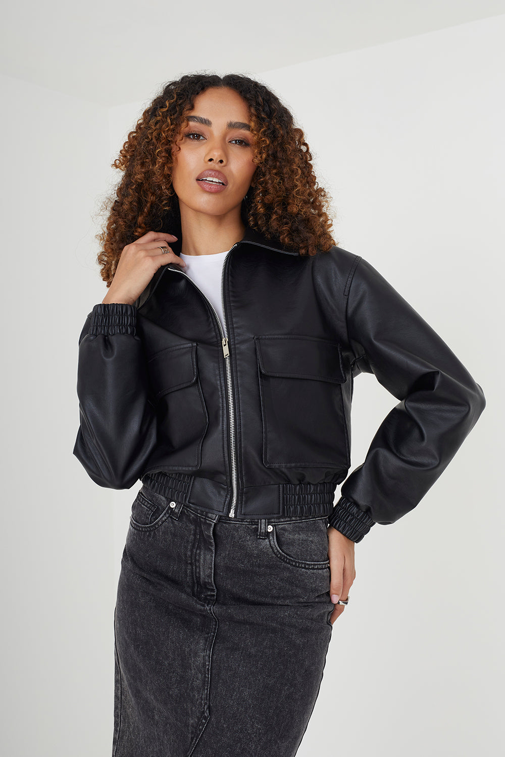 Brave Soul Black Faux Leather Zip Through Bomber Jacket - Black Image 1