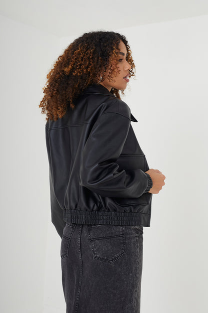 Brave Soul Black Faux Leather Zip Through Bomber Jacket - Black Image 2
