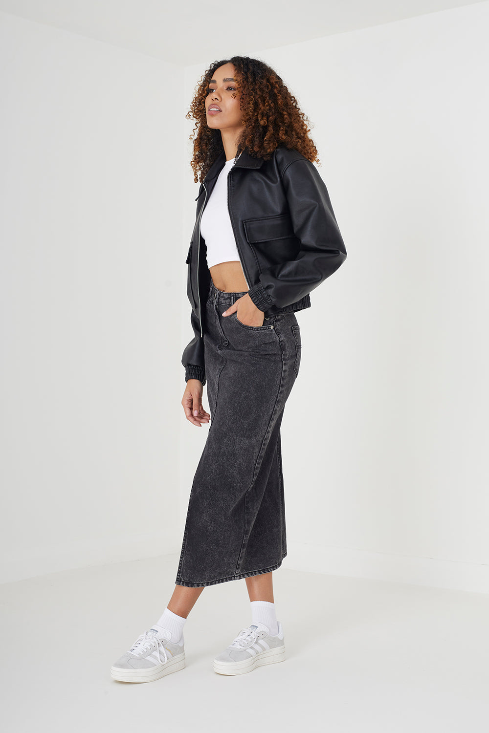 Brave Soul Black Faux Leather Zip Through Bomber Jacket - Black Image 3