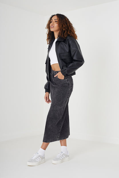 Brave Soul Black Faux Leather Zip Through Bomber Jacket - Black Image 3