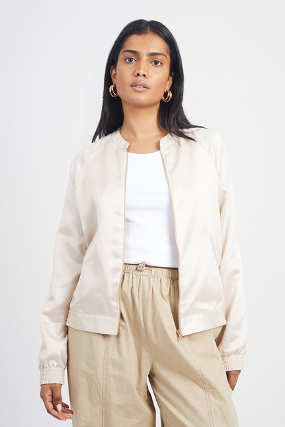 Brave Soul Ivory Satin Bomber Jacket - Ivory Image 1