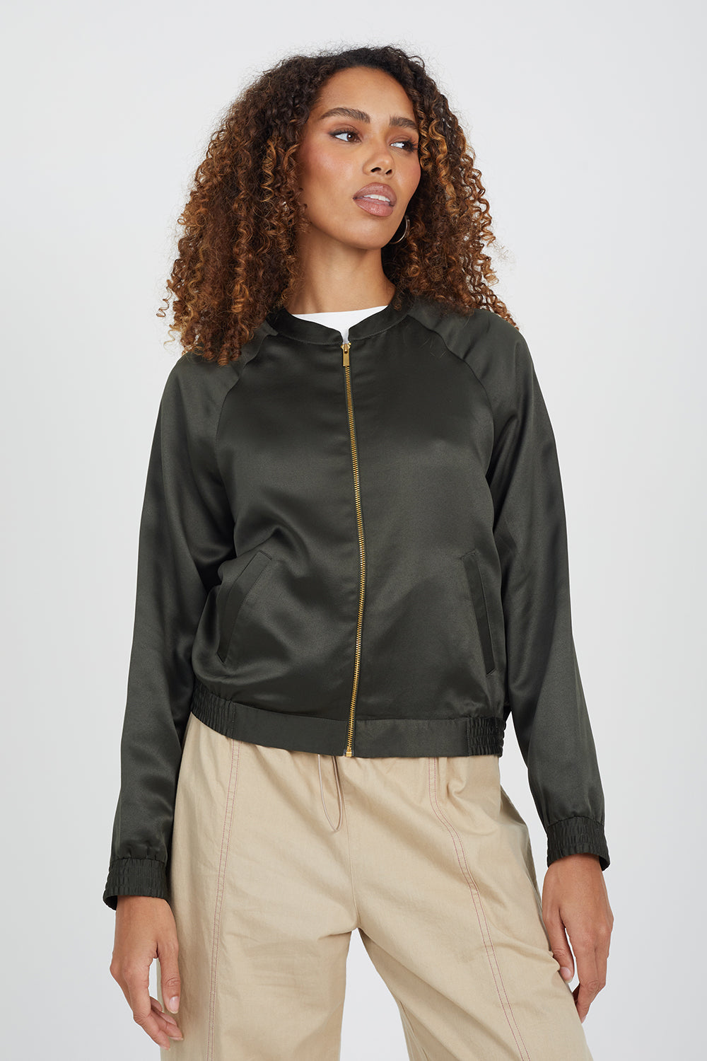 Brave Soul Khaki Satin Bomber Jacket - Khaki Image 1
