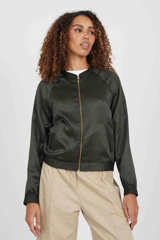 Brave Soul Khaki Satin Bomber Jacket - Khaki Image 1