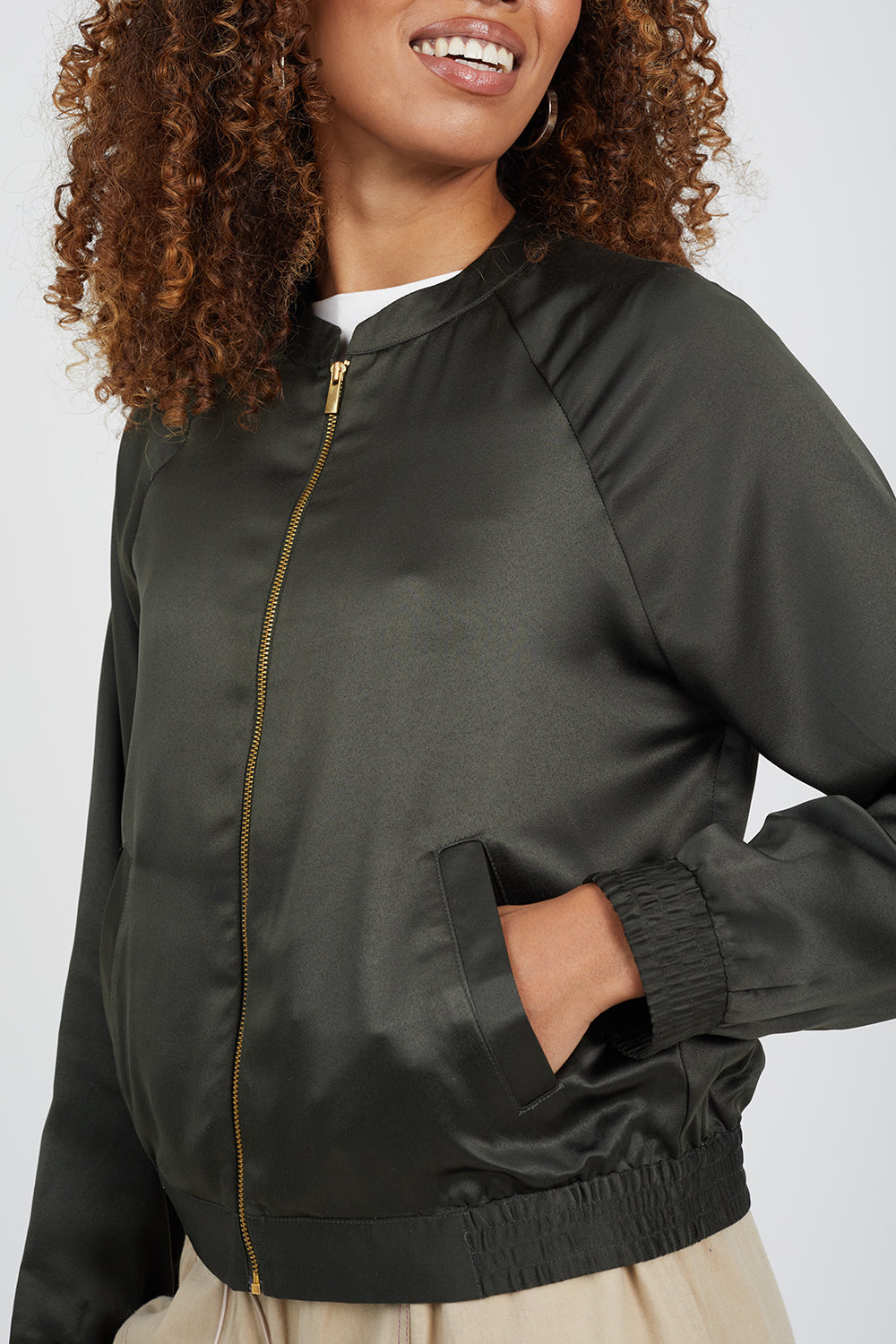 Brave Soul Khaki Satin Bomber Jacket - Khaki Image 4