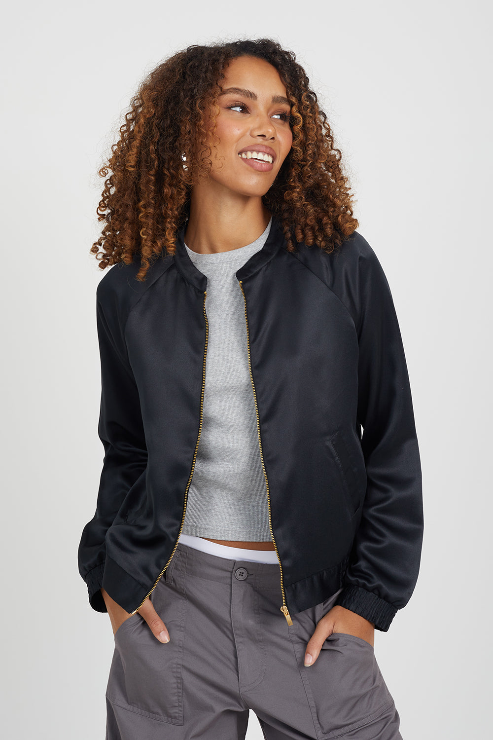 Brave Soul Black Satin Bomber Jacket - Black Image 1